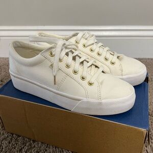 Keds Cream Canvas Platform Lace-Up Sneakers with Gold Eyelets